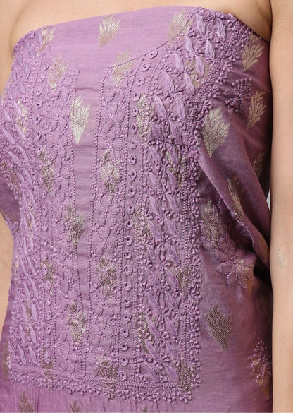Firgun Wine Lucknowi Chikankari Chanderi Unstitched Kurta & Dupatta Set