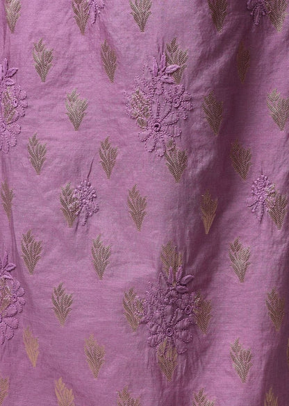 Firgun Wine Lucknowi Chikankari Chanderi Unstitched Kurta & Dupatta Set