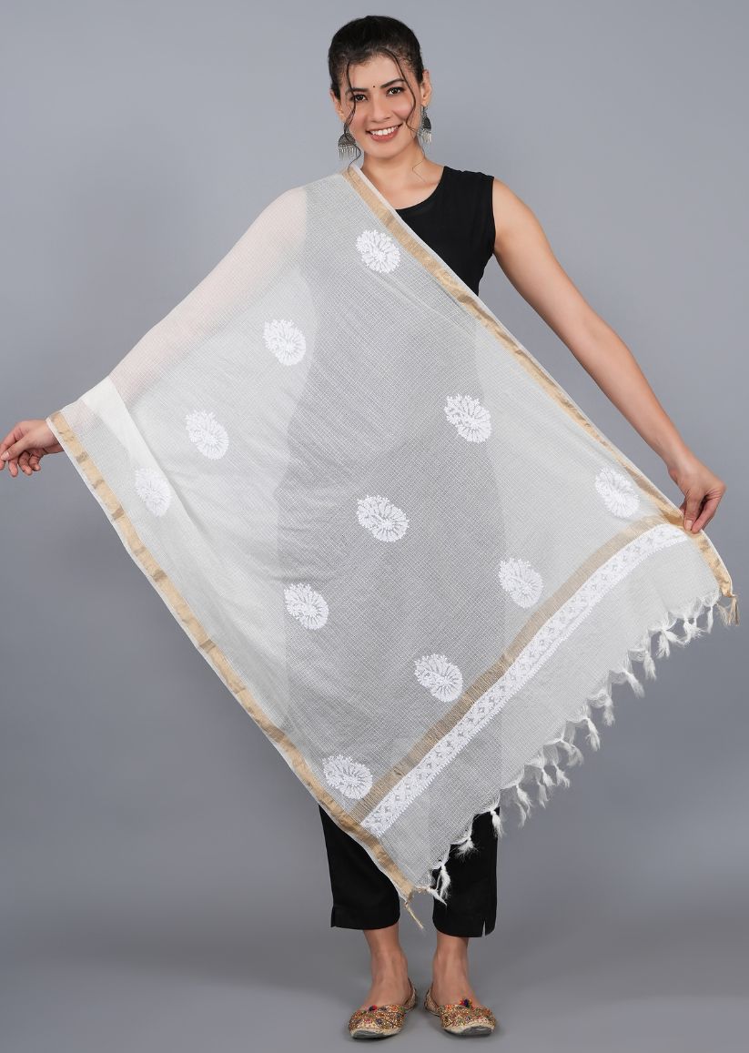 Firgun White Lucknowi Chikankari Kota Doria Dyeable Dupatta