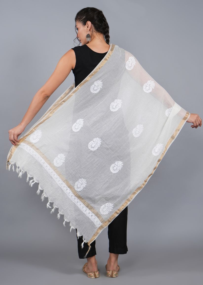 Firgun White Lucknowi Chikankari Kota Doria Dyeable Dupatta