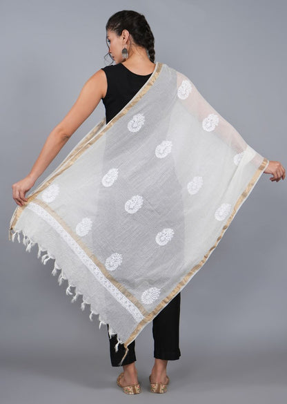 Firgun White Lucknowi Chikankari Kota Doria Dyeable Dupatta