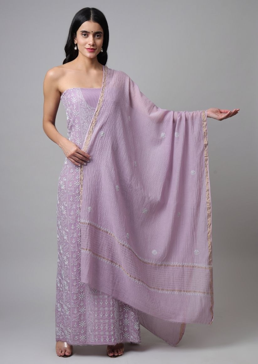 Firgun Mauve Lucknowi Chikankari Maheshwari Cotton Unstitched Kurta & Dupatta Set
