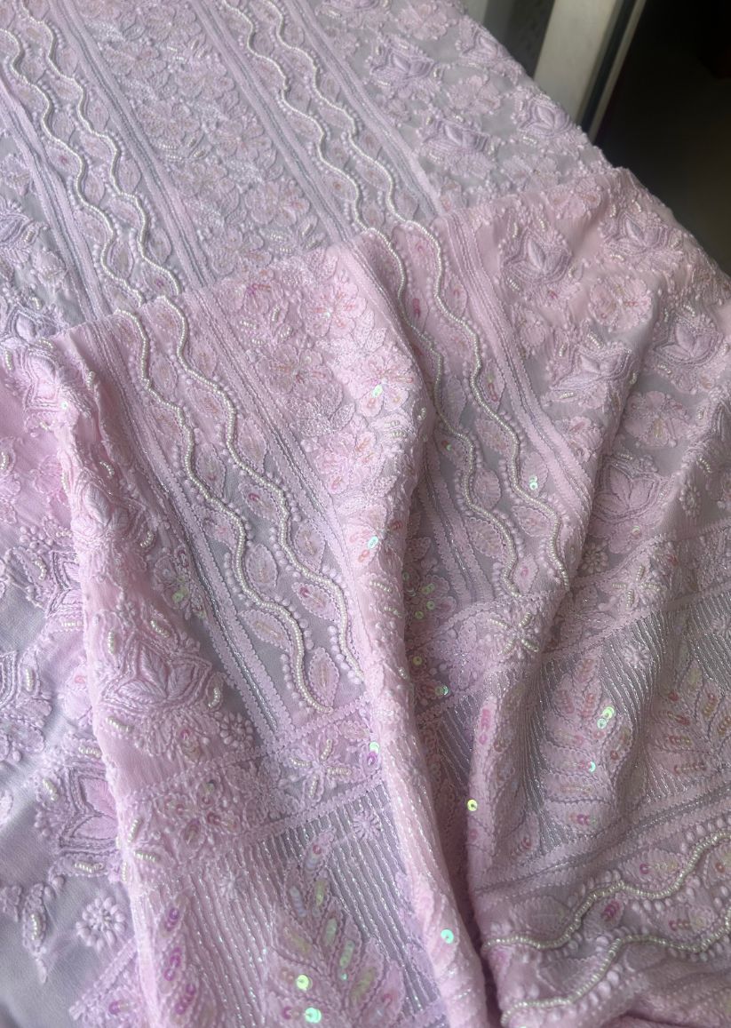 Firgun Baby Pink Lucknowi Chikankari Viscose Georgette Unstitched Kurta & Dupatta Set