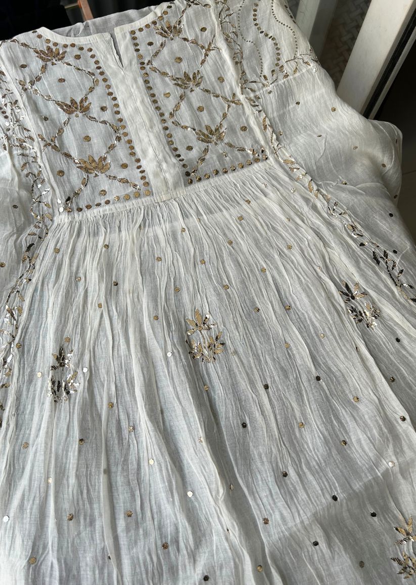Firgun White Lucknowi Chikankari Mul Chanderi Semi-stitched Anarkali & Dupatta Set