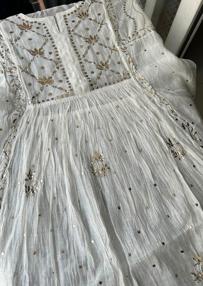 Firgun White Lucknowi Chikankari Mul Chanderi Semi-stitched Anarkali & Dupatta Set
