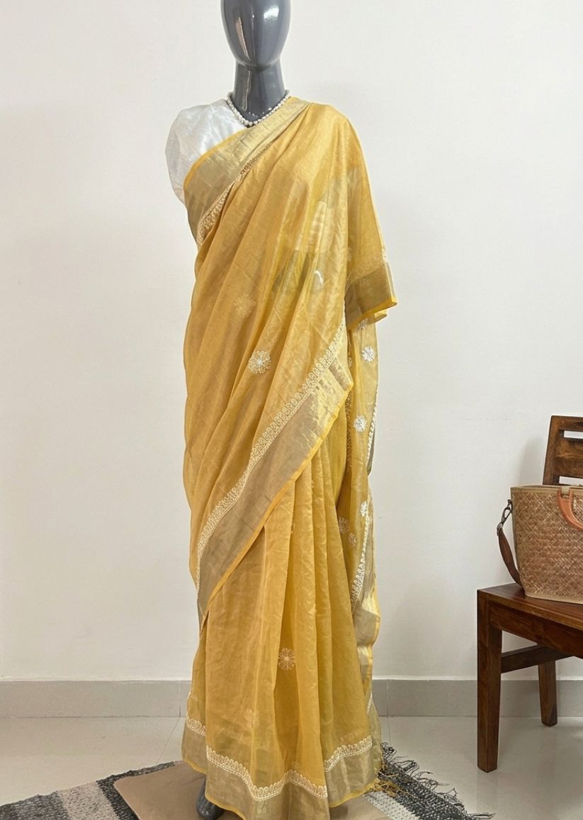 Firgun Beige Lucknowi Chikankari Chanderi Saree with Unstitched Blouse Piece