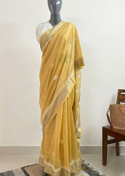 Firgun Beige Lucknowi Chikankari Chanderi Saree with Unstitched Blouse Piece