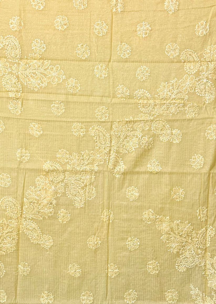 Firgun Mustard Lucknowi Chikankari Mul Cotton Saree with Unstitched Blouse Piece
