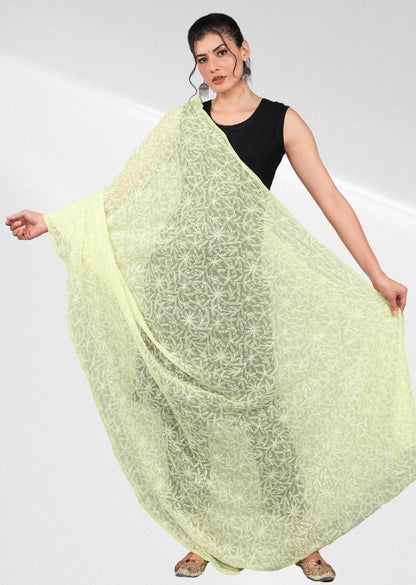 Firgun Lemon Yellow Tepchi Lucknowi Chikankari Georgette Dupatta