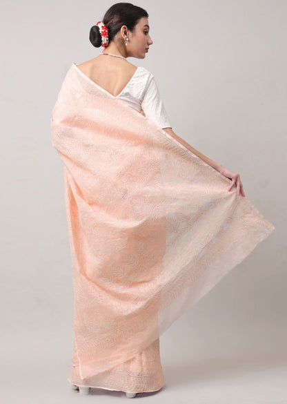 Firgun Hand Embroidered Peach Lucknowi Chikankari Kota Doria Tepchi Work Saree with Blouse Piece