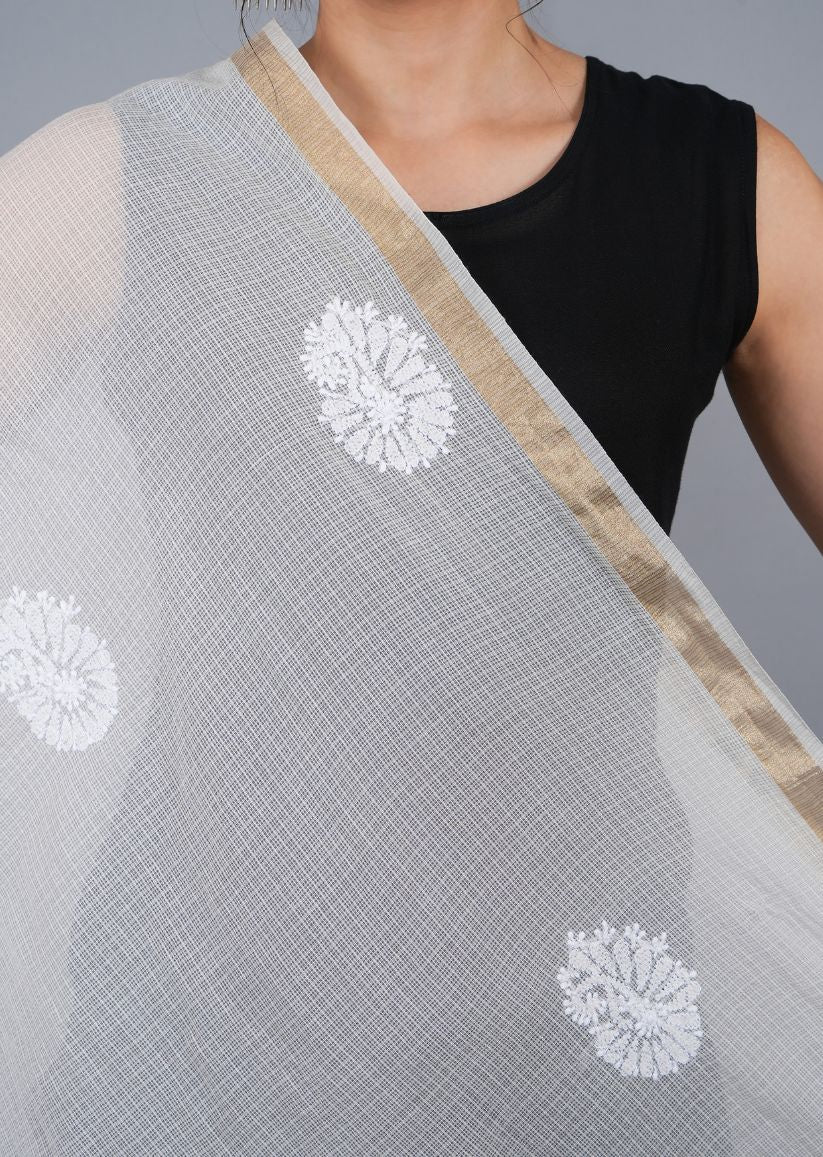 Firgun White Lucknowi Chikankari Kota Doria Dyeable Dupatta