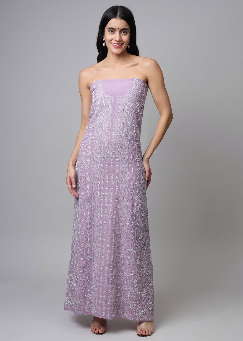 Firgun Mauve Lucknowi Chikankari Maheshwari Cotton Unstitched Kurta & Dupatta Set