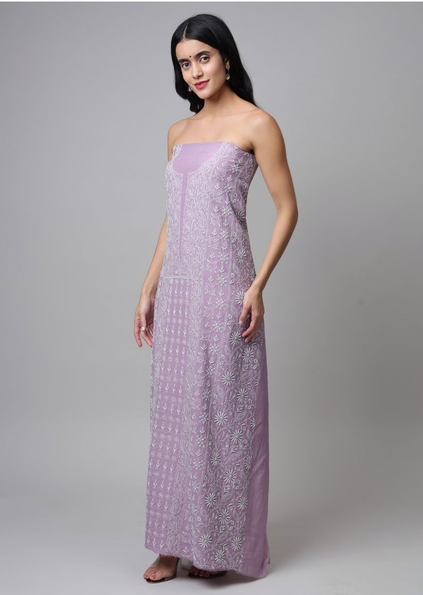 Firgun Mauve Lucknowi Chikankari Maheshwari Cotton Unstitched Kurta & Dupatta Set