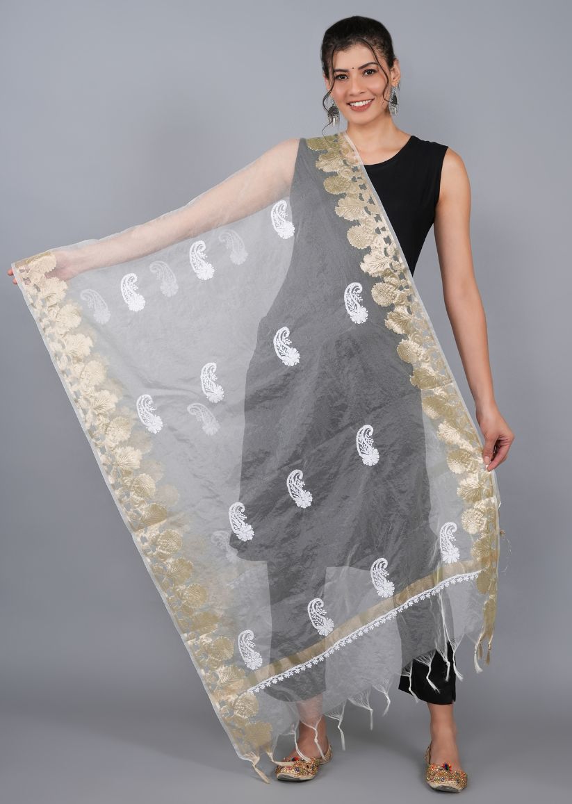 Firgun White Lucknowi Chikankari Organza Dyeable Dupatta