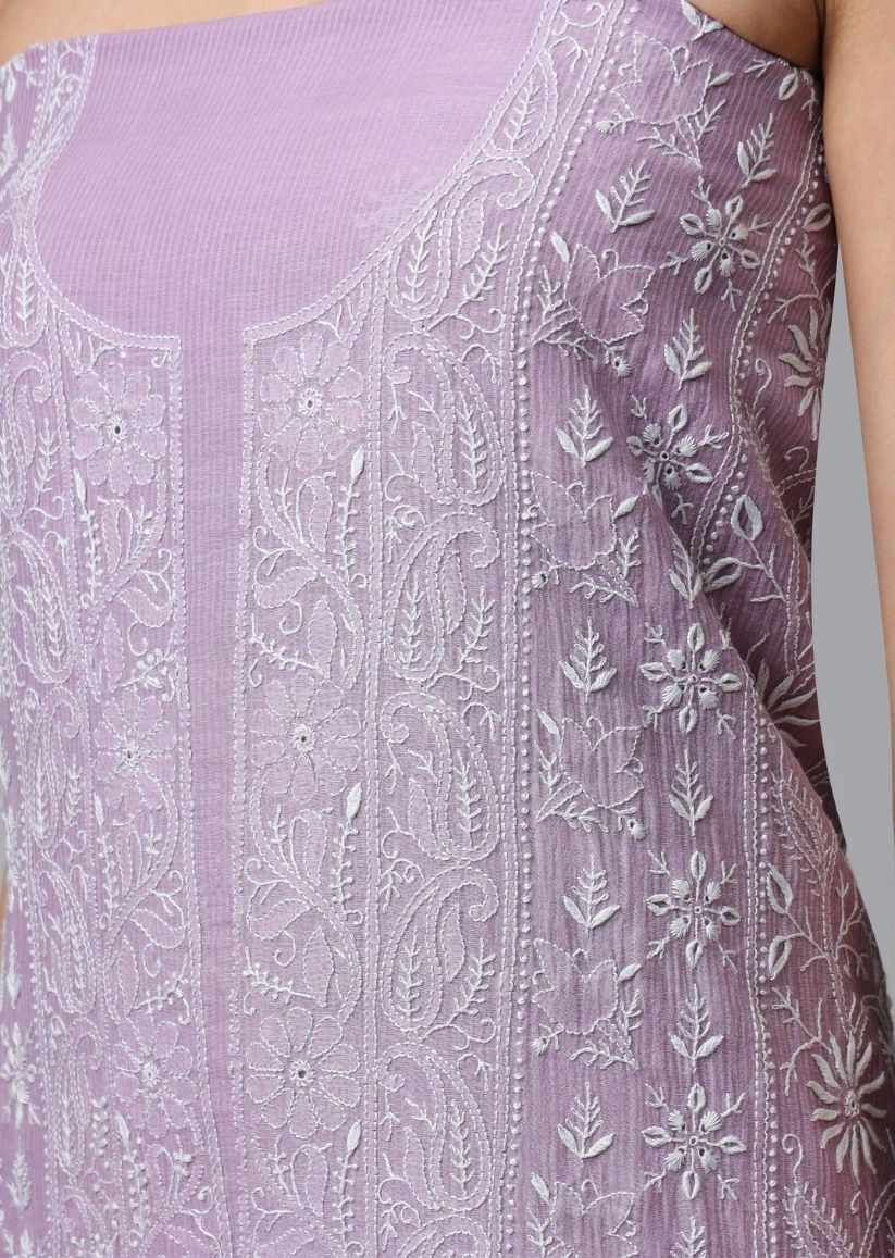 Firgun Mauve Lucknowi Chikankari Maheshwari Cotton Unstitched Kurta & Dupatta Set