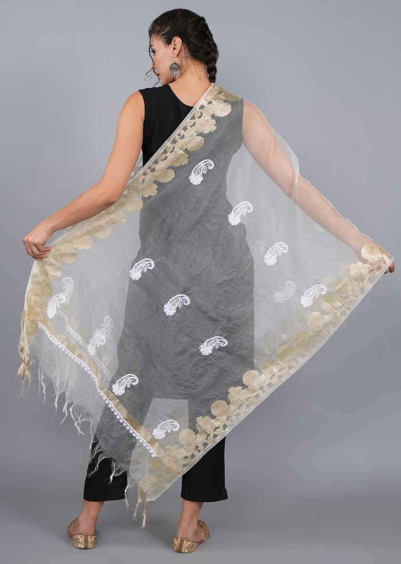 Firgun White Lucknowi Chikankari Organza Dyeable Dupatta