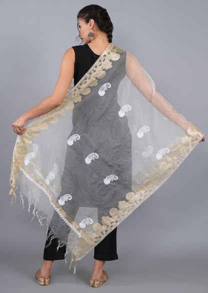 Firgun White Lucknowi Chikankari Organza Dyeable Dupatta