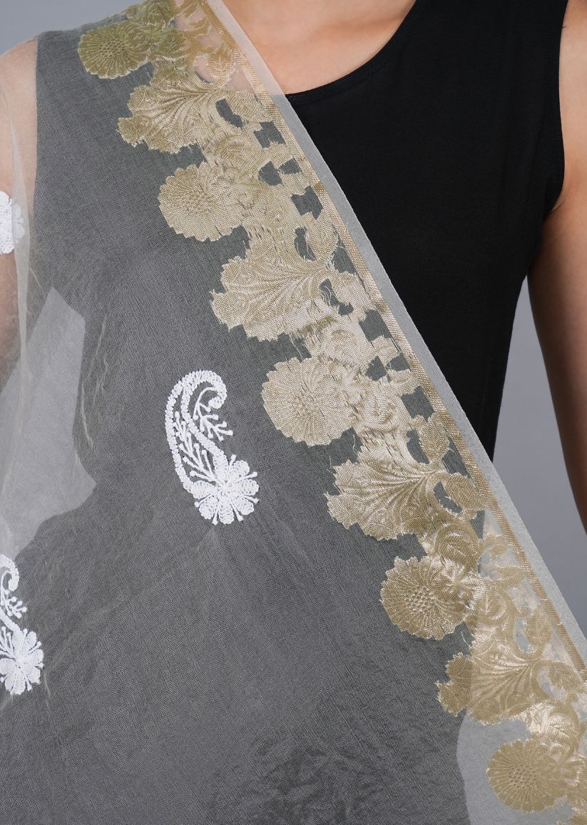 Firgun White Lucknowi Chikankari Organza Dyeable Dupatta