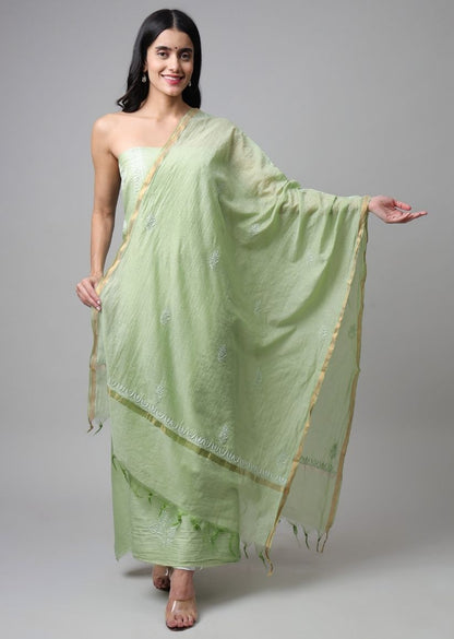Firgun Lime Green Lucknowi Chikankari Chanderi Unstitched Kurta & Dupatta Set