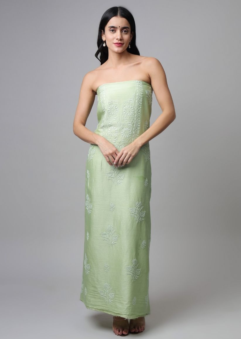 Firgun Lime Green Lucknowi Chikankari Chanderi Unstitched Kurta & Dupatta Set