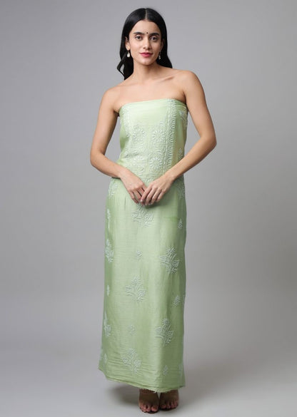Firgun Lime Green Lucknowi Chikankari Chanderi Unstitched Kurta & Dupatta Set