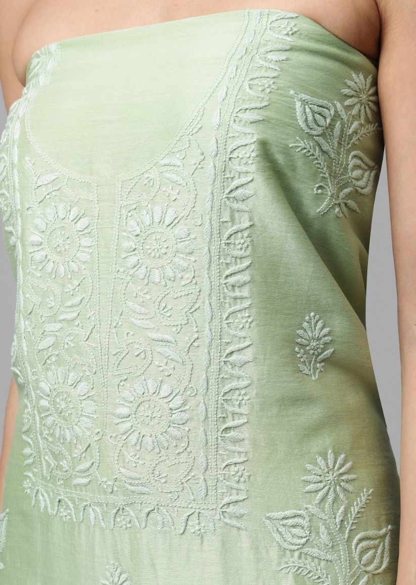 Firgun Lime Green Lucknowi Chikankari Chanderi Unstitched Kurta & Dupatta Set