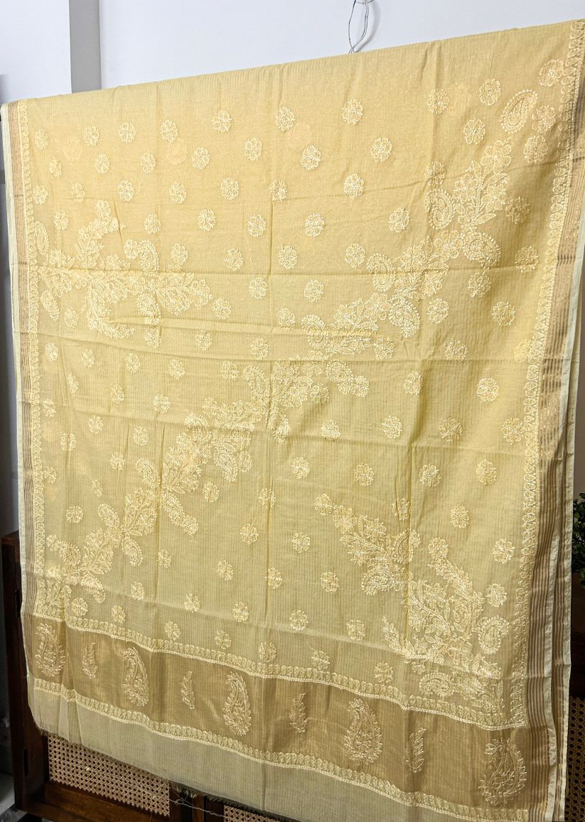 Firgun Mustard Lucknowi Chikankari Mul Cotton Saree with Unstitched Blouse Piece