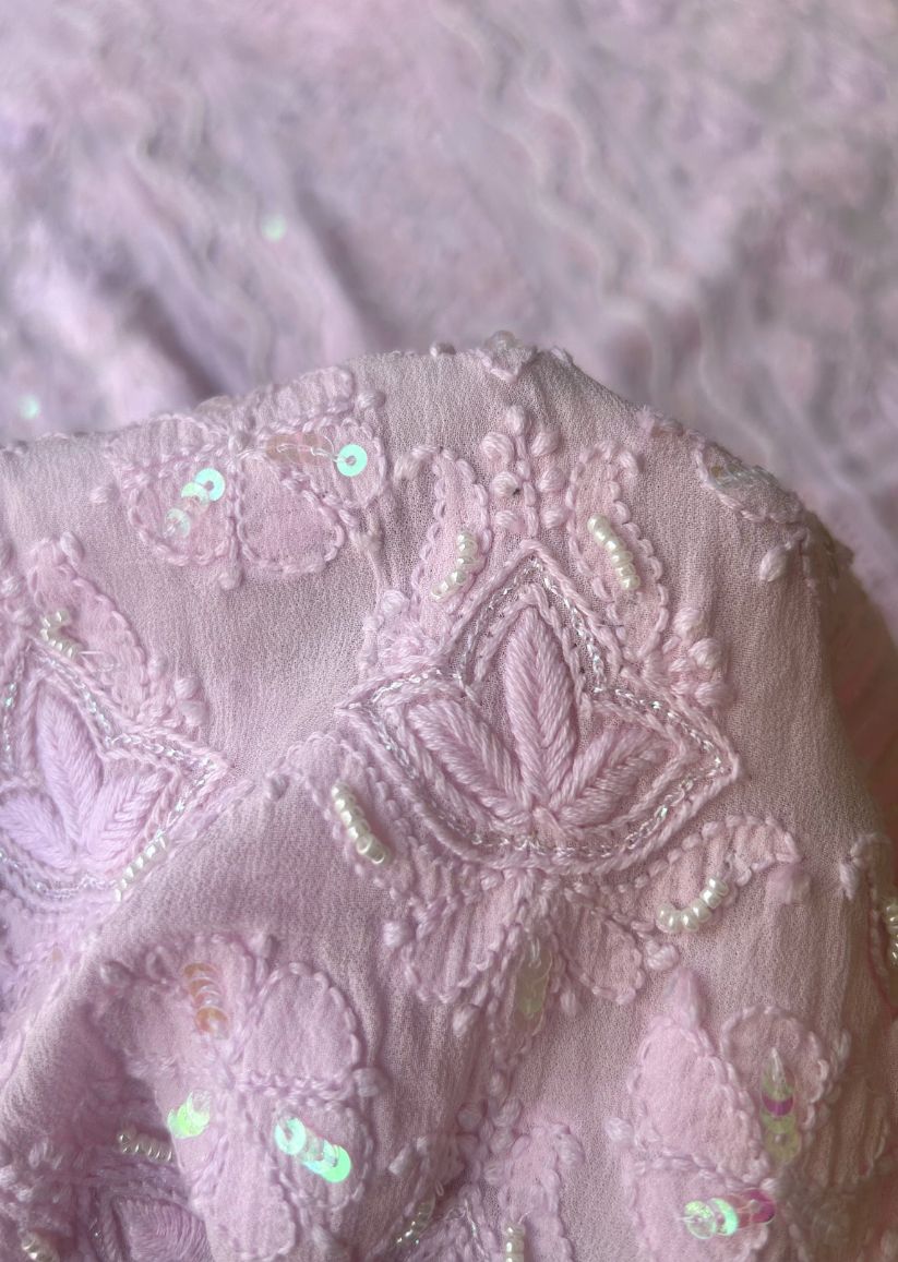 Firgun Baby Pink Lucknowi Chikankari Viscose Georgette Unstitched Kurta & Dupatta Set