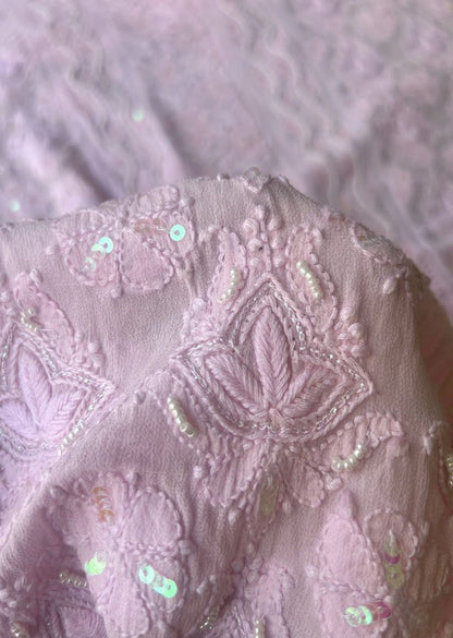 Firgun Baby Pink Lucknowi Chikankari Viscose Georgette Unstitched Kurta & Dupatta Set