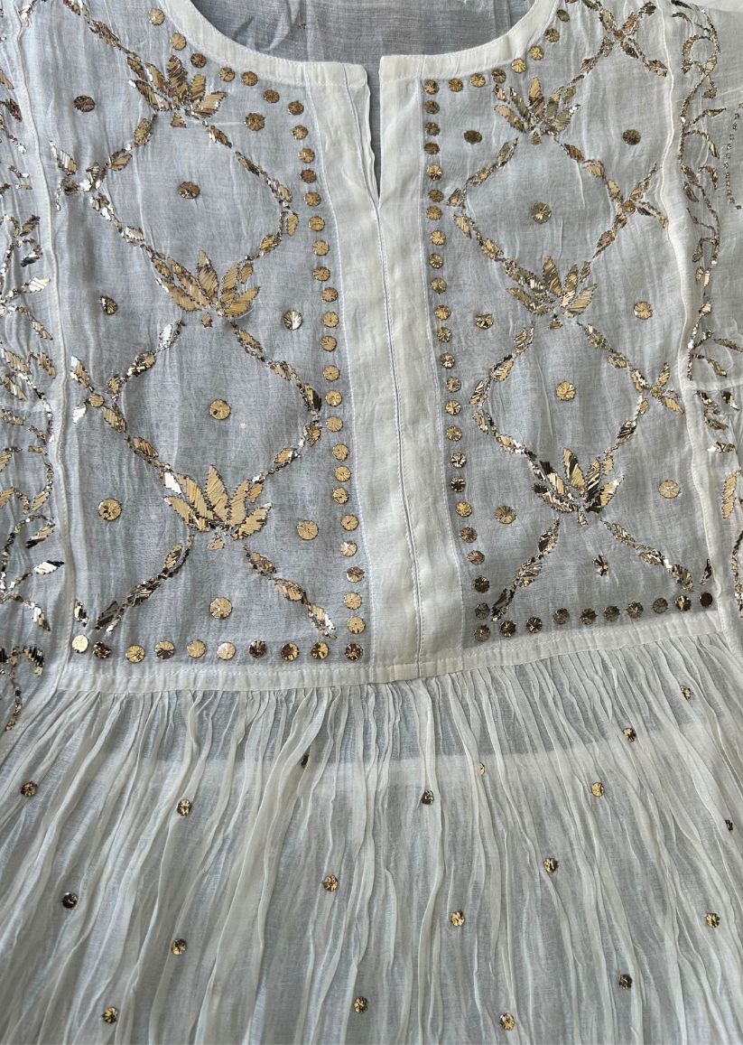 Firgun White Lucknowi Chikankari Mul Chanderi Semi-stitched Anarkali & Dupatta Set