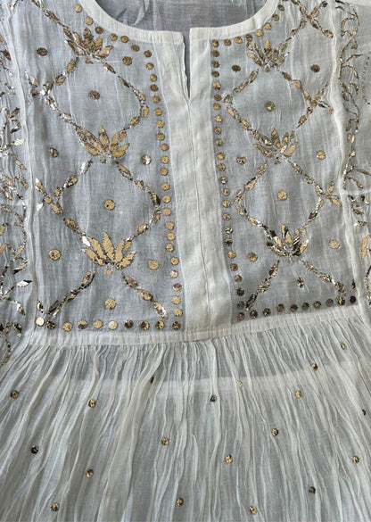 Firgun White Lucknowi Chikankari Mul Chanderi Semi-stitched Anarkali & Dupatta Set