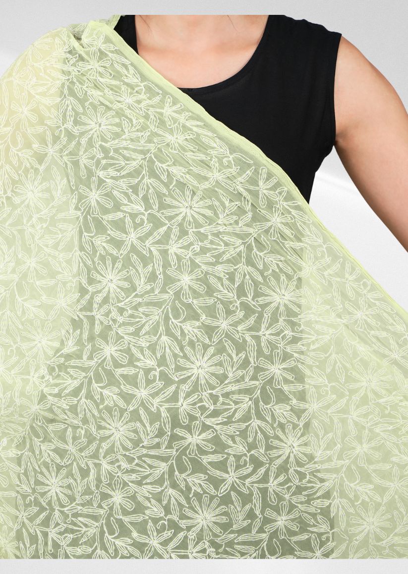 Firgun Lemon Yellow Tepchi Lucknowi Chikankari Georgette Dupatta