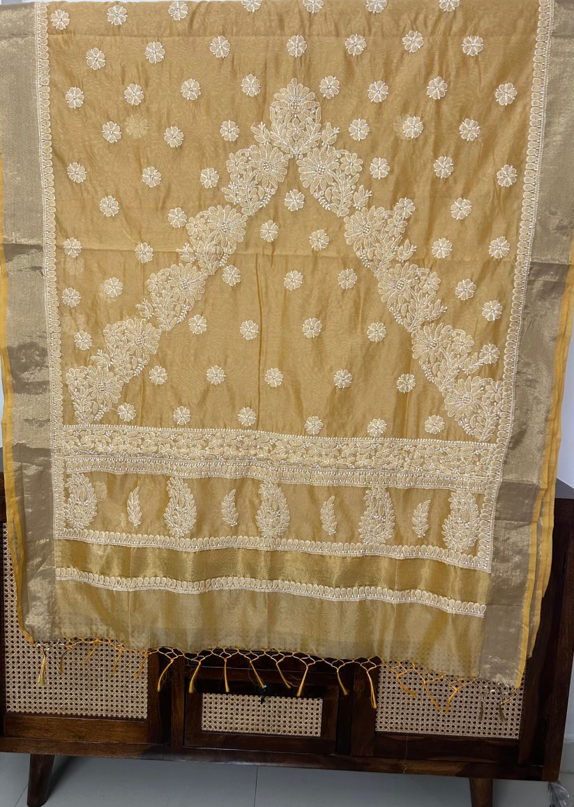 Firgun Beige Lucknowi Chikankari Chanderi Saree with Unstitched Blouse Piece