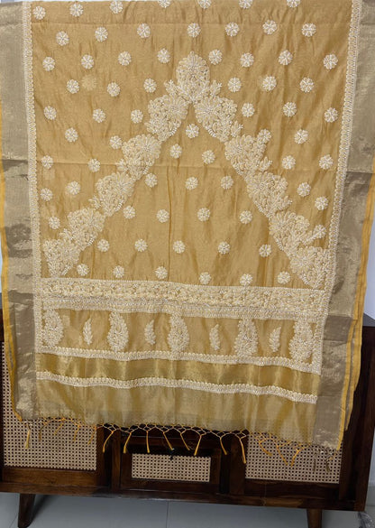 Firgun Beige Lucknowi Chikankari Chanderi Saree with Unstitched Blouse Piece