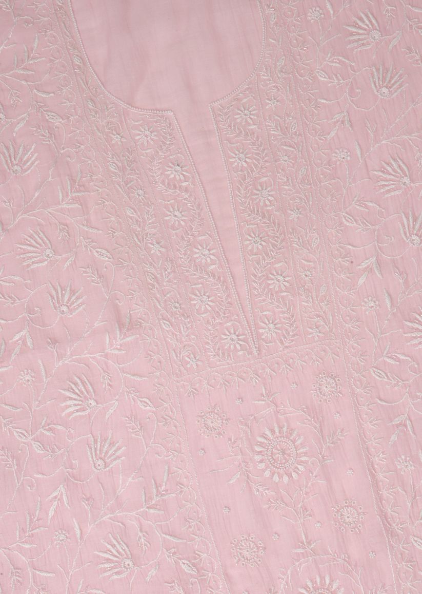 Firgun Baby Pink Lucknowi Chikankari & Pearl Work Mul Chanderi Unstitched Kurta & Dupatta Set