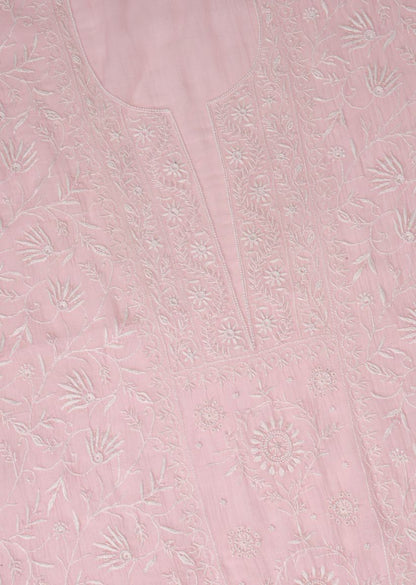 Firgun Baby Pink Lucknowi Chikankari & Pearl Work Mul Chanderi Unstitched Kurta & Dupatta Set