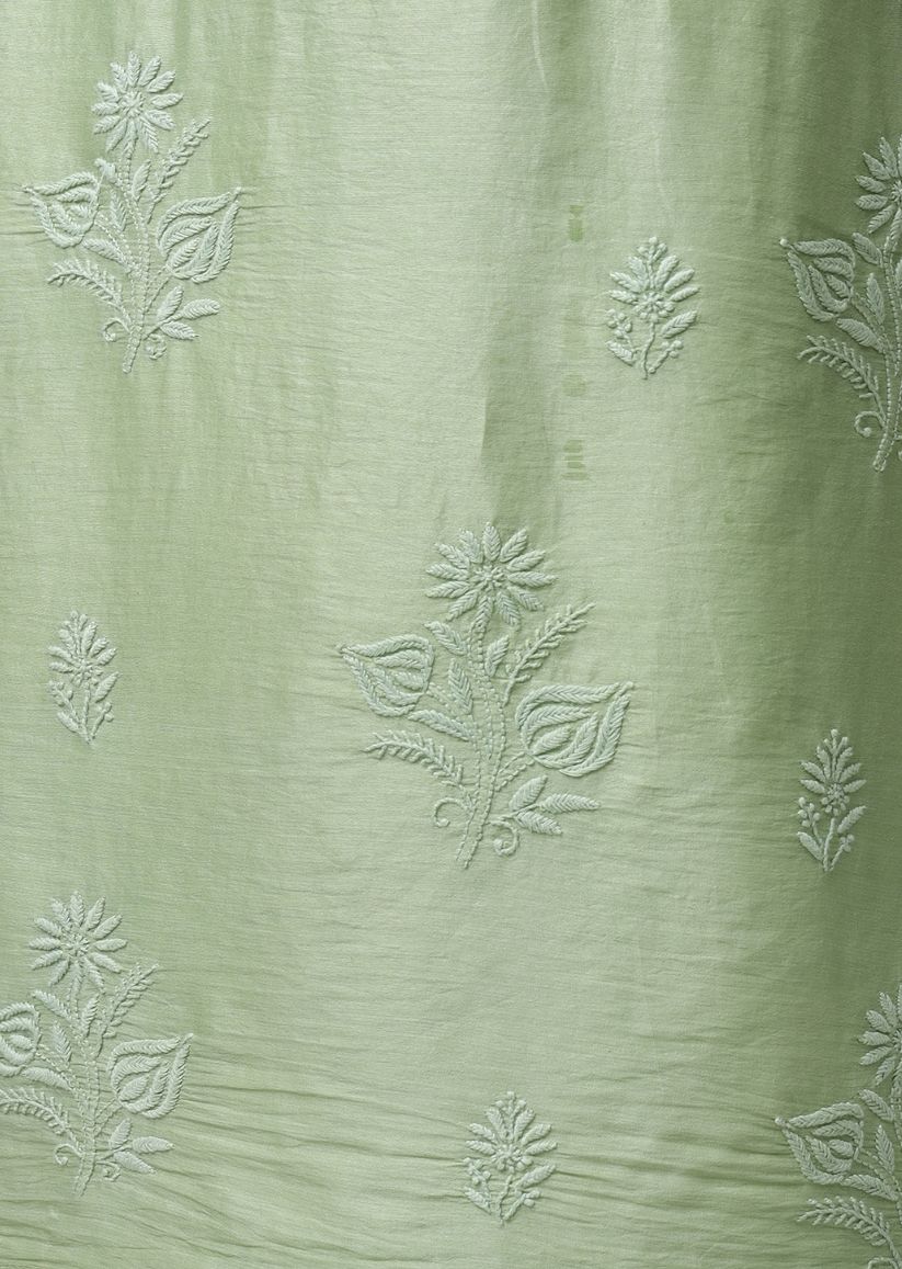 Firgun Lime Green Lucknowi Chikankari Chanderi Unstitched Kurta & Dupatta Set