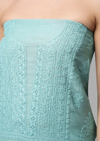Firgun Sea Green Lucknowi Chikankari Mul Chanderi Unstitched Kurta & Dupatta Set