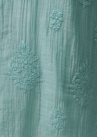 Firgun Sea Green Lucknowi Chikankari Mul Chanderi Unstitched Kurta & Dupatta Set