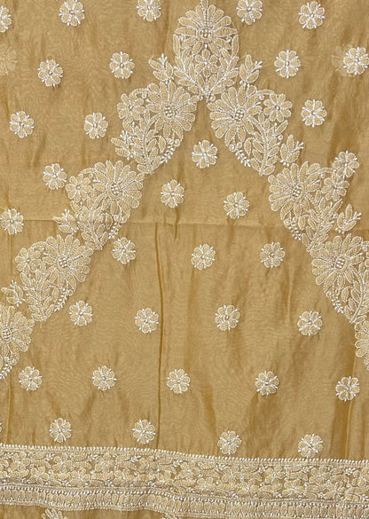 Firgun Beige Lucknowi Chikankari Chanderi Saree with Unstitched Blouse Piece
