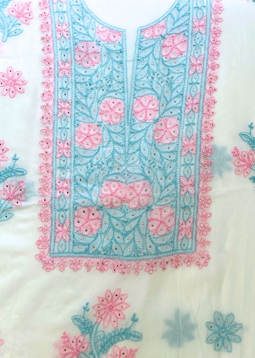 Firgun White Multi Colour Lucknowi Chikankari & Mukaish Work Viscose Georgette Unstitched Kurta & Dupatta Set