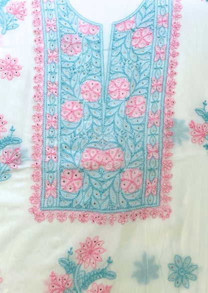 Firgun White Multi Colour Lucknowi Chikankari & Mukaish Work Viscose Georgette Unstitched Kurta & Dupatta Set