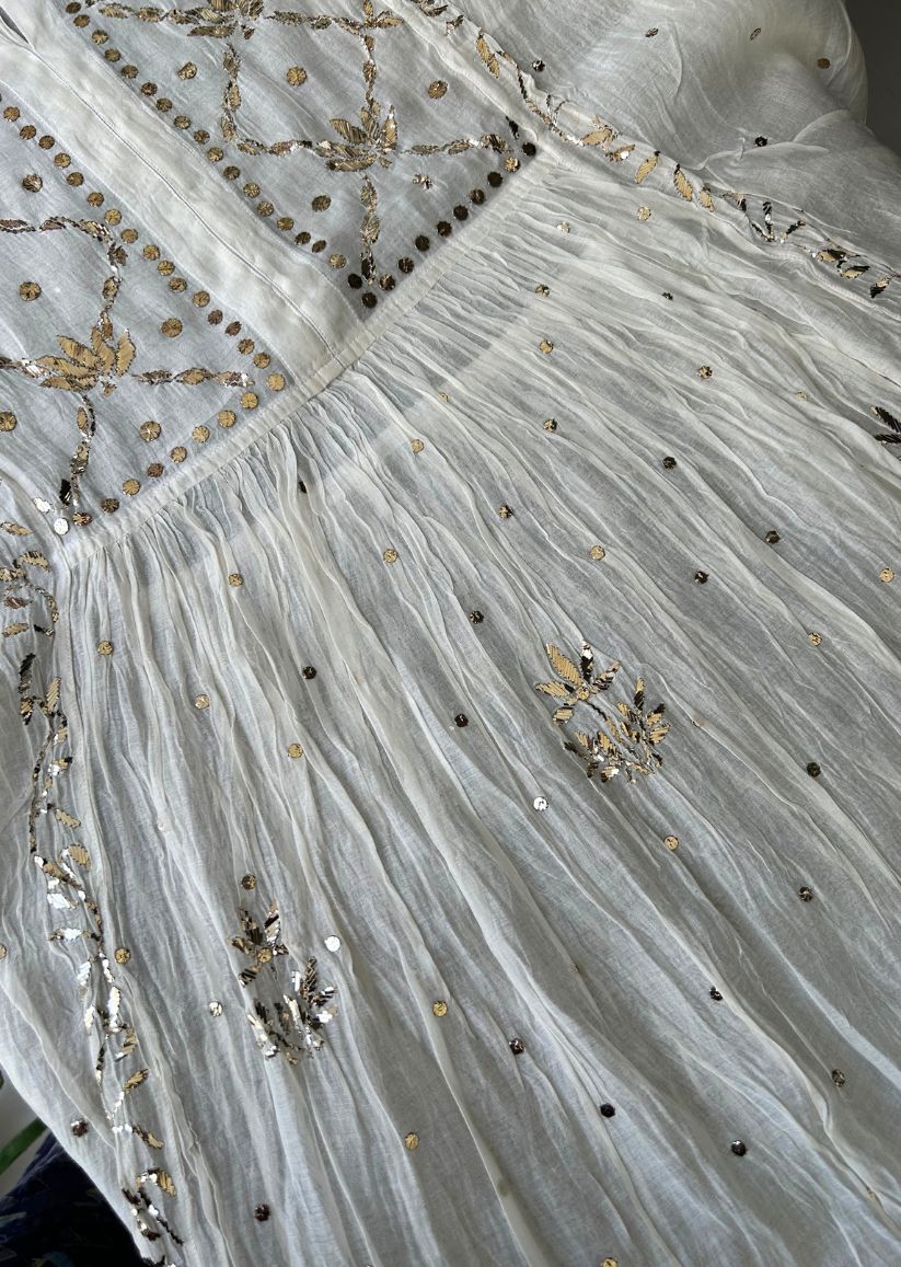 Firgun White Lucknowi Chikankari Mul Chanderi Semi-stitched Anarkali & Dupatta Set