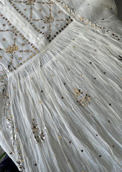 Firgun White Lucknowi Chikankari Mul Chanderi Semi-stitched Anarkali & Dupatta Set