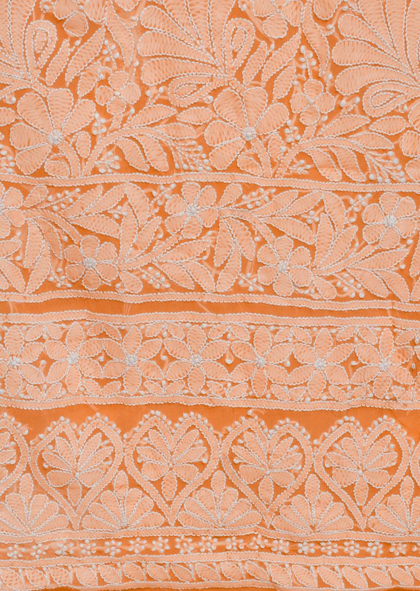 Firgun Hand Embroidered Orange Lucknowi Chikankari Georgette Unstitched Suit Set