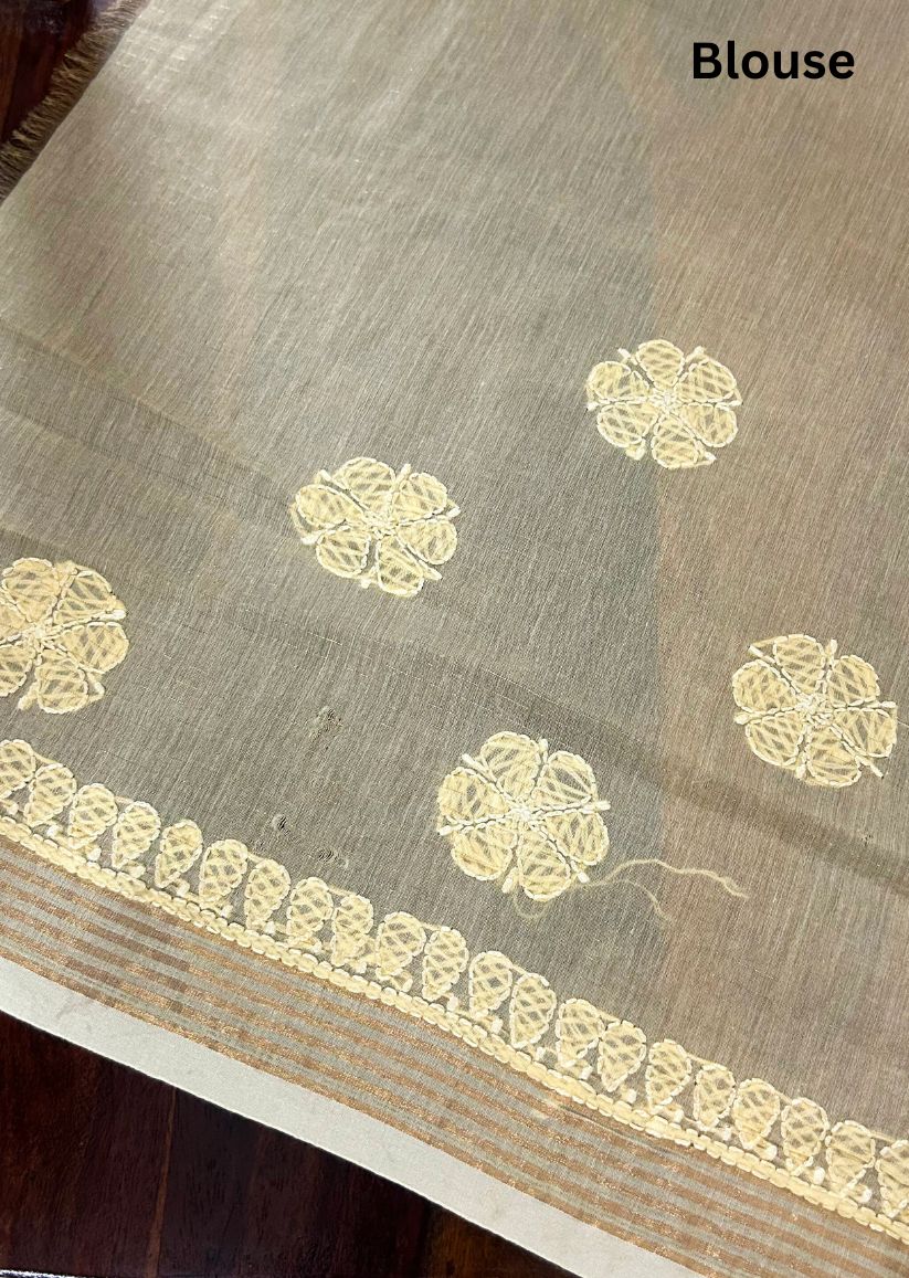 Firgun Mustard Lucknowi Chikankari Mul Cotton Saree with Unstitched Blouse Piece