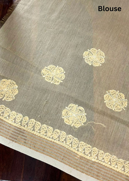 Firgun Mustard Lucknowi Chikankari Mul Cotton Saree with Unstitched Blouse Piece