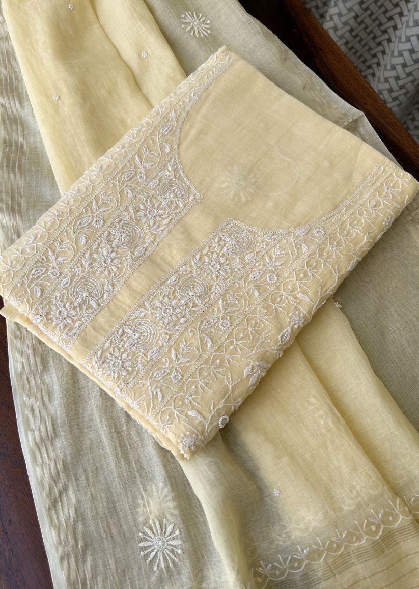 Firgun Butter Yellow Lucknowi Chikankari with Pearl & Cutdana Work Mul Chanderi Unstitched Kurta & Dupatta Set