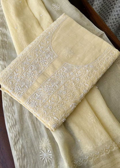 Firgun Butter Yellow Lucknowi Chikankari with Pearl & Cutdana Work Mul Chanderi Unstitched Kurta & Dupatta Set