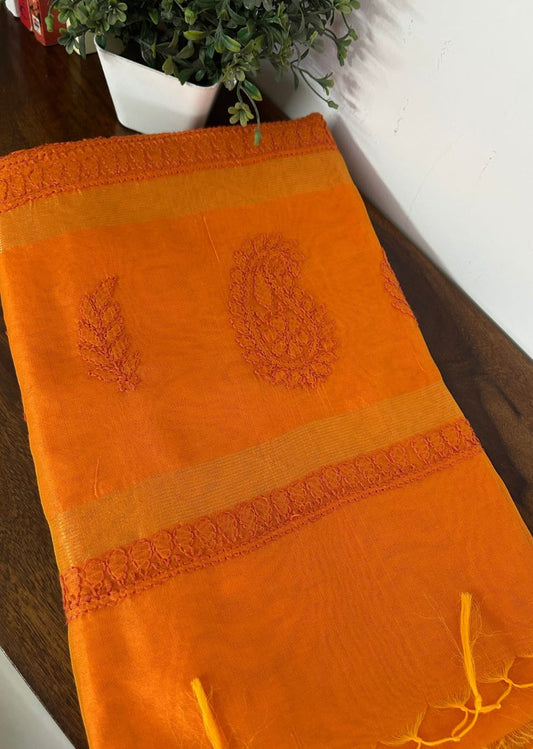 Firgun Orange Lucknowi Chikankari Chanderi Saree with Unstitched Blouse Piece